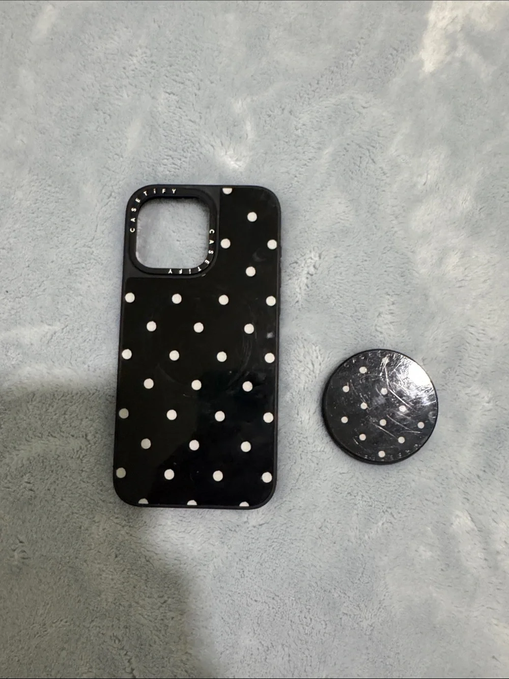 Casetify Black Phone Case with White Polka Dots and PopSocket
